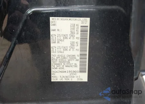 2017 Nissan Murano Platinum из США, поврежденный, VIN 5N1AZ2MG6HN195903